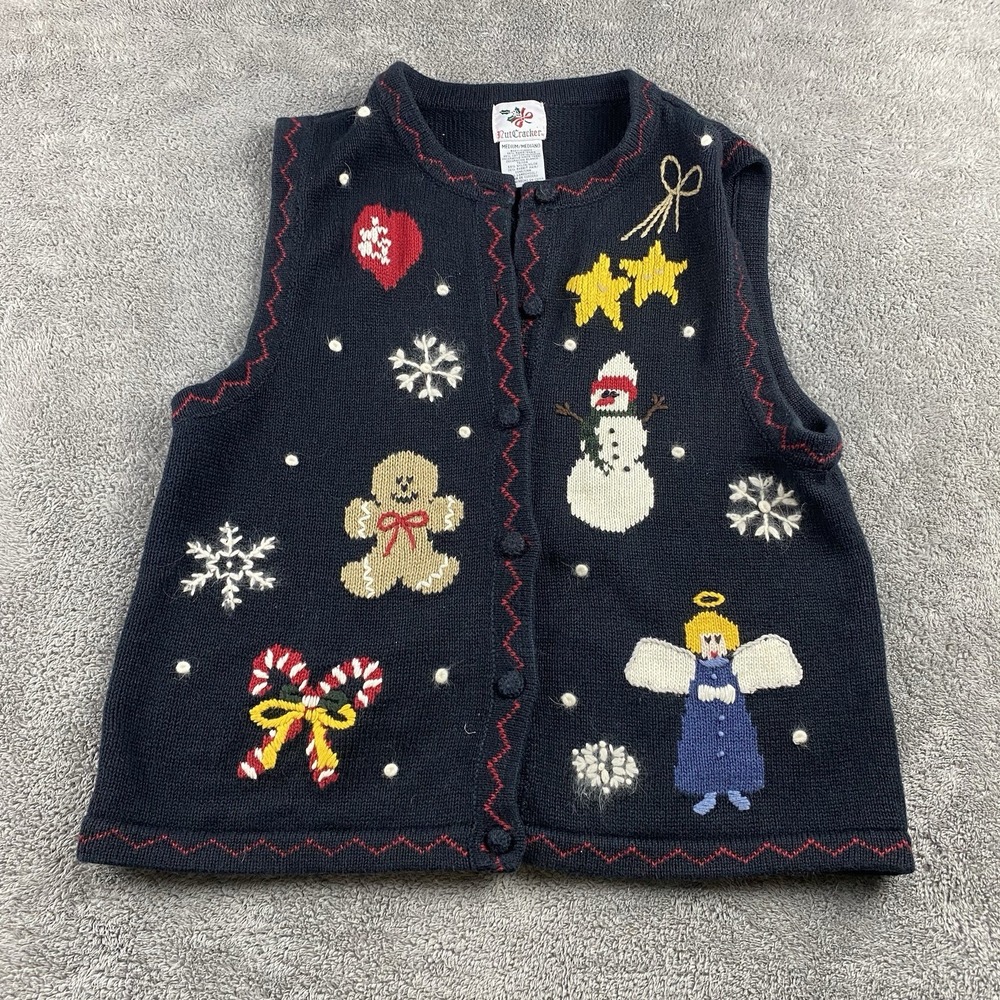 Vintage Nutcracker Sweater Vest‎ Womens Medium Black Christmas Holiday Snowman